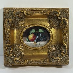Vintage Miniature Fruit Still Life Oil Painting Small Ornate Gold Frame 8×7″