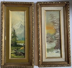 Pair of Vintage Mid-Century Landscape Oil Paintings – Matching Gold Ornate Frame