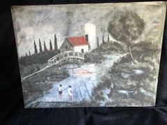 Vintage Oil Painting Alfred Zeller – Boys Fishing By Bridge
