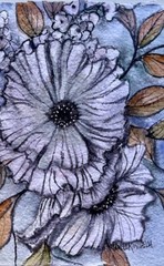 9”X12” Pamela Wilhelm Original Watercolor Ink Grey Gray Flowers Amber Leaves