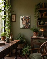 Pressed Flower Portrait, Mixed Media Botanical Wall Art, Acrylic Painting Canvas
