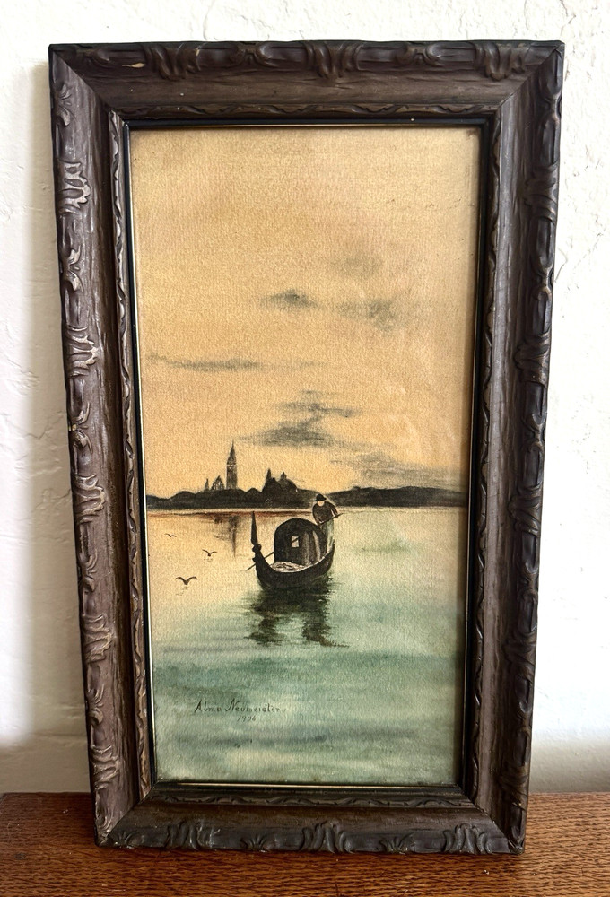 Antique 1906 Gondola VENICE Sunset WATERCOLOR in Original Gesso FRAME Italy 14×8
