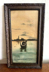 Antique 1906 Gondola VENICE Sunset WATERCOLOR in Original Gesso FRAME Italy 14×8