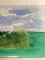 Original Painting Watercolor Island Green Blue Ocean Sky Reef 4 3/4″ x 7 1/2″