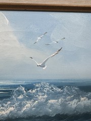 ORIGINAL OIL PAINTING Seaside Seascape Dunes Seagulls Ocean Signed Brown Framed