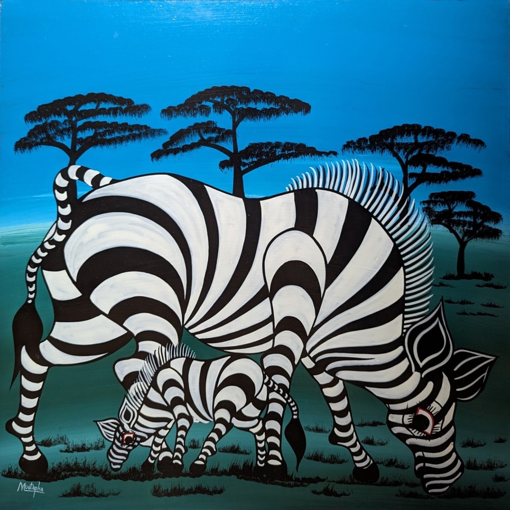 MUSTAPHA Zebra Mother and Colt Bond Classical Tingatinga 24″x24″ on board