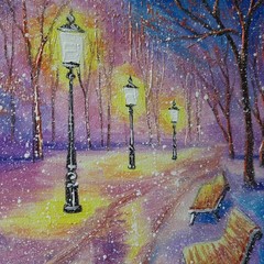 Original Oil Winter Landscape Painting Snow Park Benches Canvas Wall Art Decor