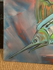Asher Robinson 24.5×23.75” Folk Art Fish Painting on Thin Board. Beach House Art