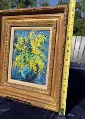Original Signed Emeric Vagh- Weinmann “Mimosas” Yellow Flowers, Blue Vase