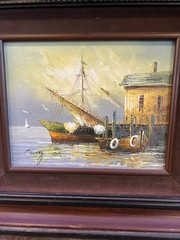 Markey Signed Oil Painting Fishing Boats at Dock Mid Century Black & Brown Frame