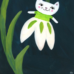 Snowdrop Cat Flower Painting, Fantasy Cat Art 6×8 on wood