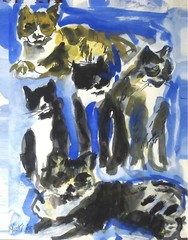 KNOWN ARTIST „5 CATS“ SIGNED Micki ’95 ORIG WATERCOLOR PAINTING, FRAMED w GLASS