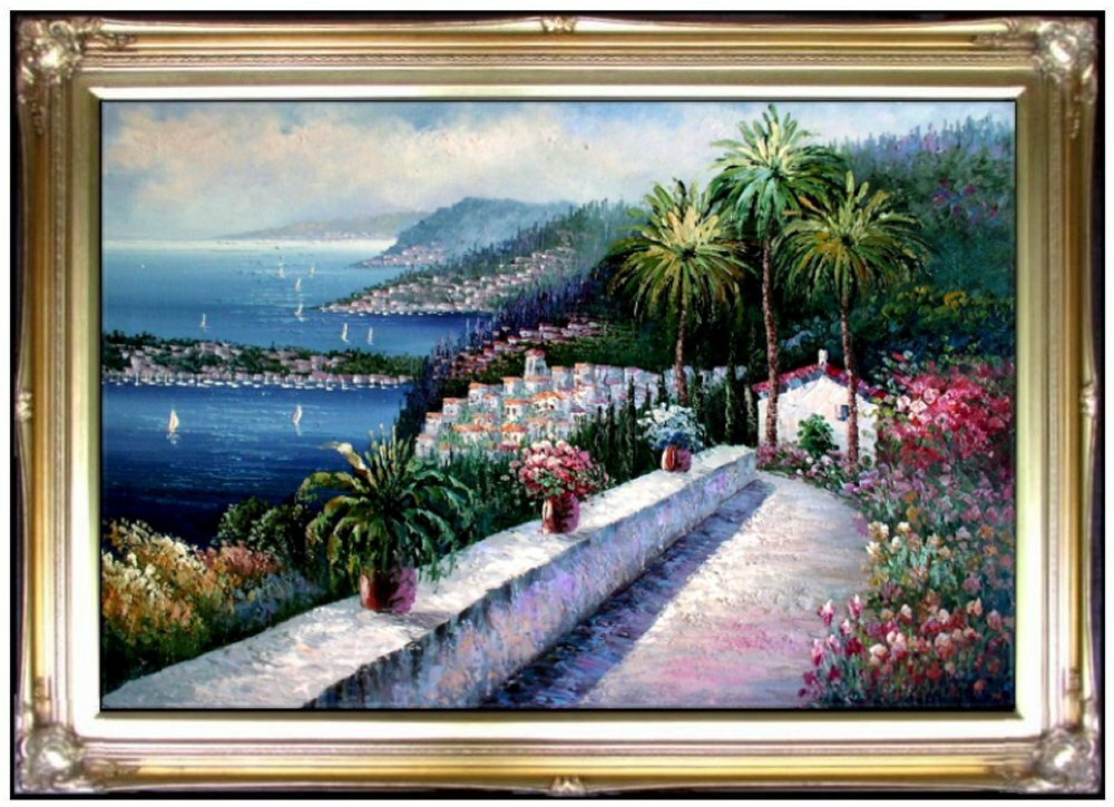 Framed, Quality Hand Painted Oil Painting Mediterranean Seascape View 24x36in