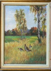 Oil Painting Sign.h.krause 1937 Field With Fasanan Rebhühnern & Trees