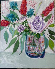 Acrylic Still Life Roses Blue Purple Pinks Reds Serene Calm Sage Green Leaves