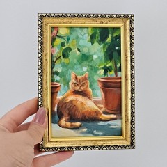 Original Oil Painting Ginger Cat Garden Flowers Pet Animal Art 4×6 Framed