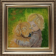 Tender Hugs Child with Dog Original Oil Painting Signed Framed 4×4 inches