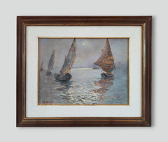 Old Italian Night Marine Scene with Sailboats Original 30’s Oil Painting signed