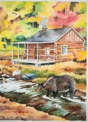 Beautiful Painting Log Cabin Fall Landscape with Animals Bear, Deer and Raccoon
