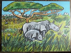 VINTAGE Bold Colorful RHINOCERUS Rhino ORIG Modern Acrylic PAINTING 18″ x 24″