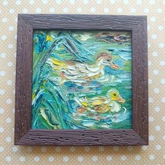 Original Oil Painting Duck Duckling Art Miniature Framed Art 4×4 in