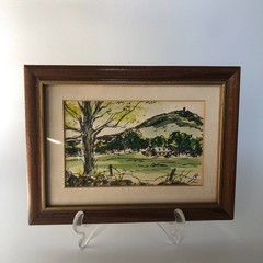 Drawing Watercolor and Ink Mid-20th Modernist Landscape Painting, Signed