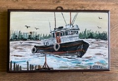 original oil painting on wood fishing boat signed E. Sierk rectangle