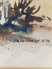 Joseph A Kennedy Watercolor Log Cabin Winter Landscape White Birch Tree Vtg 1978