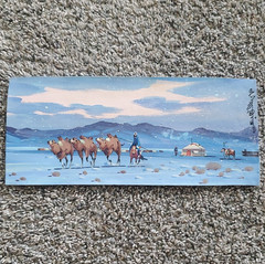 Signed Mongolian Handpainted Winter Landscape Camel Caravan & Yurt On Leather
