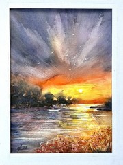 Seascape sunset river a boat sea sunset Original watercolor painting