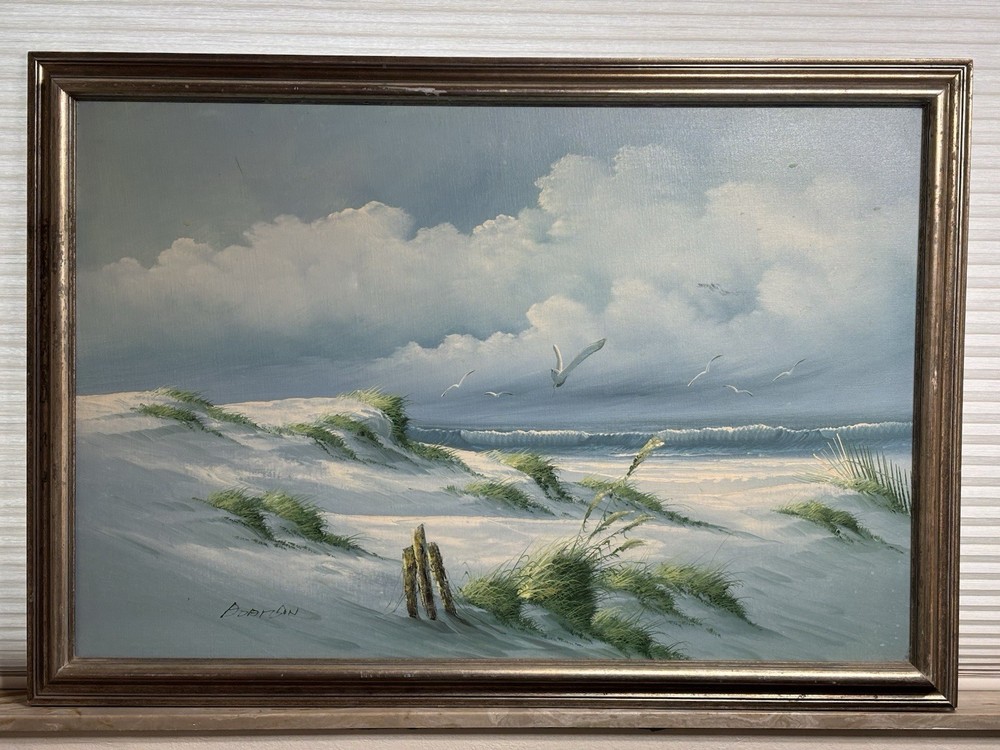 Vintage Oil on Canvas Painting Beach Seagulls Sand Dunes Signed by ADAMSON 36×24