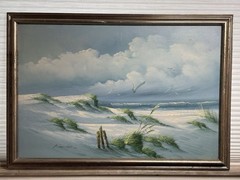 Vintage Oil on Canvas Painting Beach Seagulls Sand Dunes Signed by ADAMSON 36×24