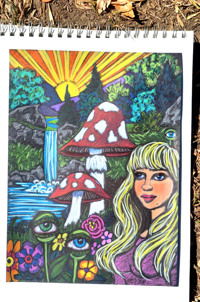 Trippy Psychedelic Girl Mushrooms Original Art Signed 8.5 x 11 Mixed media