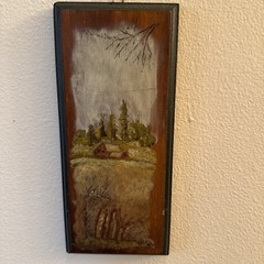 Vintage Primitive Folk Art Painting homestead/farm Hand Made Signed 10.5×4.5
