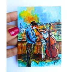 ACEO Original Street Musicians in Prague Music Pop Art Acrylic Hand Painting NEW