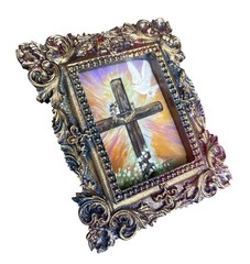 Mini Christian Cross Art Print in Colorful Ornate Vintage Frame
