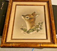 Vintage Fawn Painting Bronze Bamboo Framed Signed Powell 8 x 10