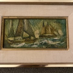 Vintage 1960’s Nautical Oil Painting Sail Boats Ocean Small Framed 8” X 12”