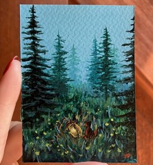 Whimsical Forest ACEO Painting Black Cat Lantern Light Abstract Landscape Mini