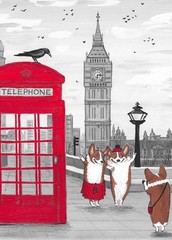 5×7 PRINT OF PAINTING RYTA CORGI TRIP TO LONDON BIG BEN CROW UK GIFT Folk Art 🌺