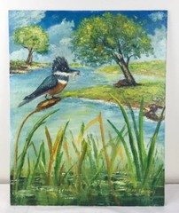 16 x 20 Oil Painting Kingfisher Bird w Fish Stream Cattails Trees Clouds signed