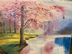 Original Cherry Blossom Oil Painting Landscape Canvas Wall Art Pink Tree Lake