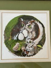Painting OWL FAMILY by Marvin Mattelson, Frames And Matted 23”x 24.5”, Signed