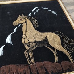 VTG Black Velvet Painting Horse on Cliff Kitsch Pro Framed Wall Art 21.5×25.5