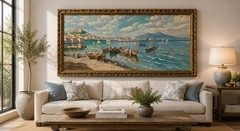 Large Mid-Century Italian Oil Painting Giuseppe Salvati 53″x29″ Bay of Naples