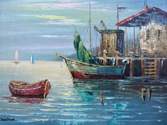 Impressionist Small Harbour with Fishing Boats in Evening Light Oil Painting 53x42cm