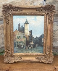 Antique European Village Street Scene Oil Painting on Canvas | Signed L. Hughes