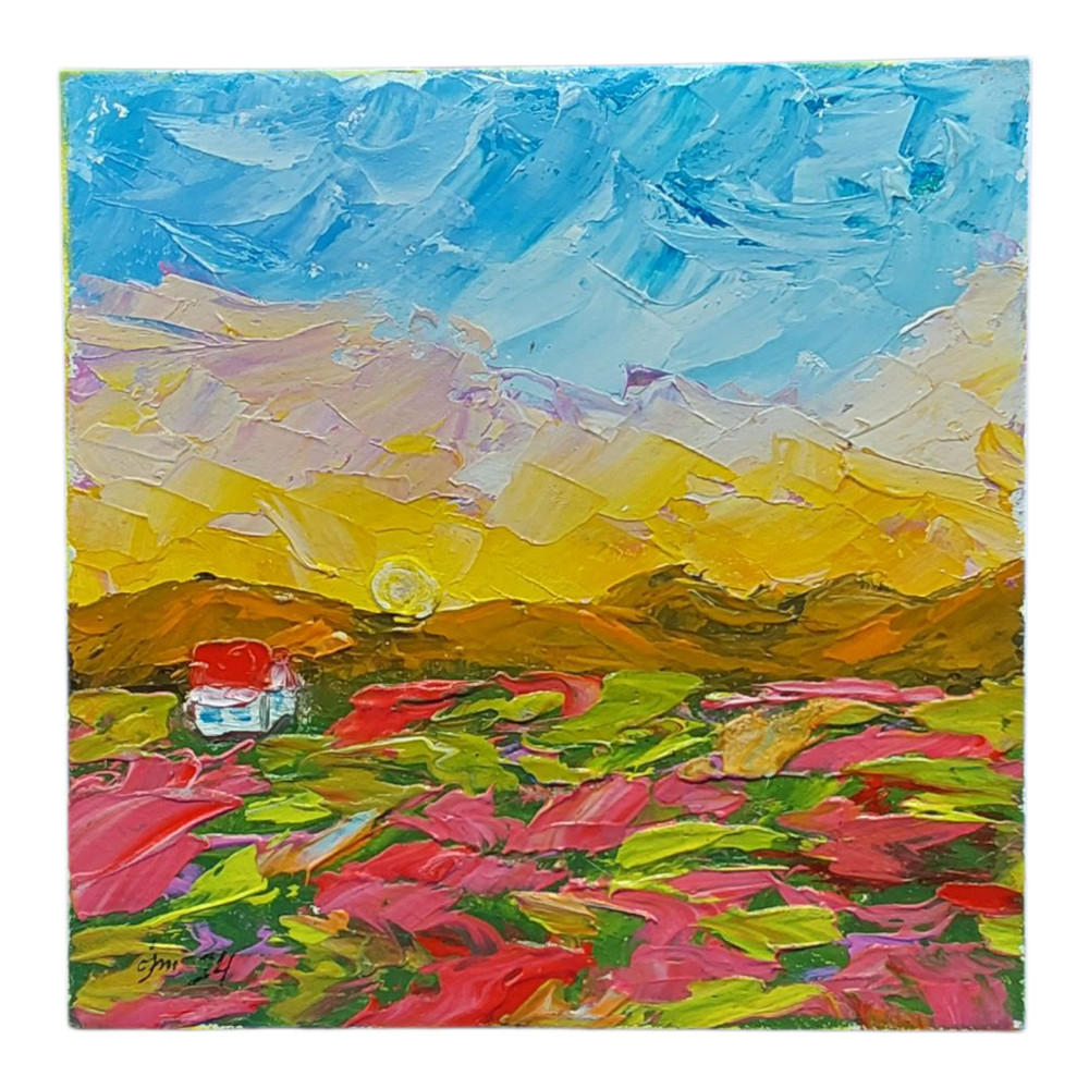 Original Oil Painting Tuscany Wildflowers Red Roofs Handmade Impasto Wall Art