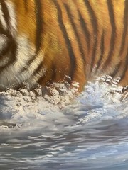 MAJESTIC BENGAL TIGER IN WATER PAINTING ART ON CANVAS BY M. AARON. 36″ X 24″