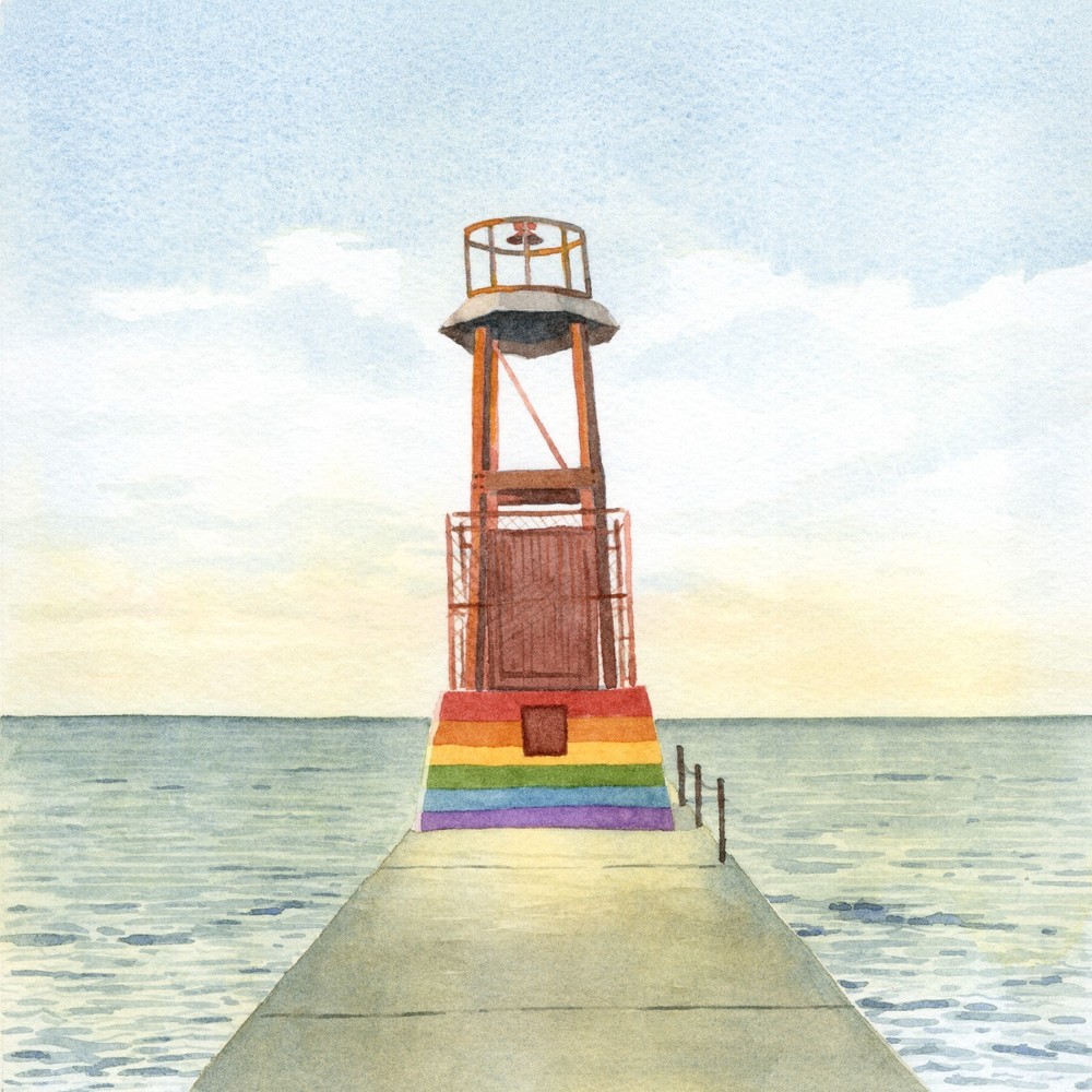 Gay Pride Art – Chicago Hollywood Beach Rainbow Port Light, Square 8×8″